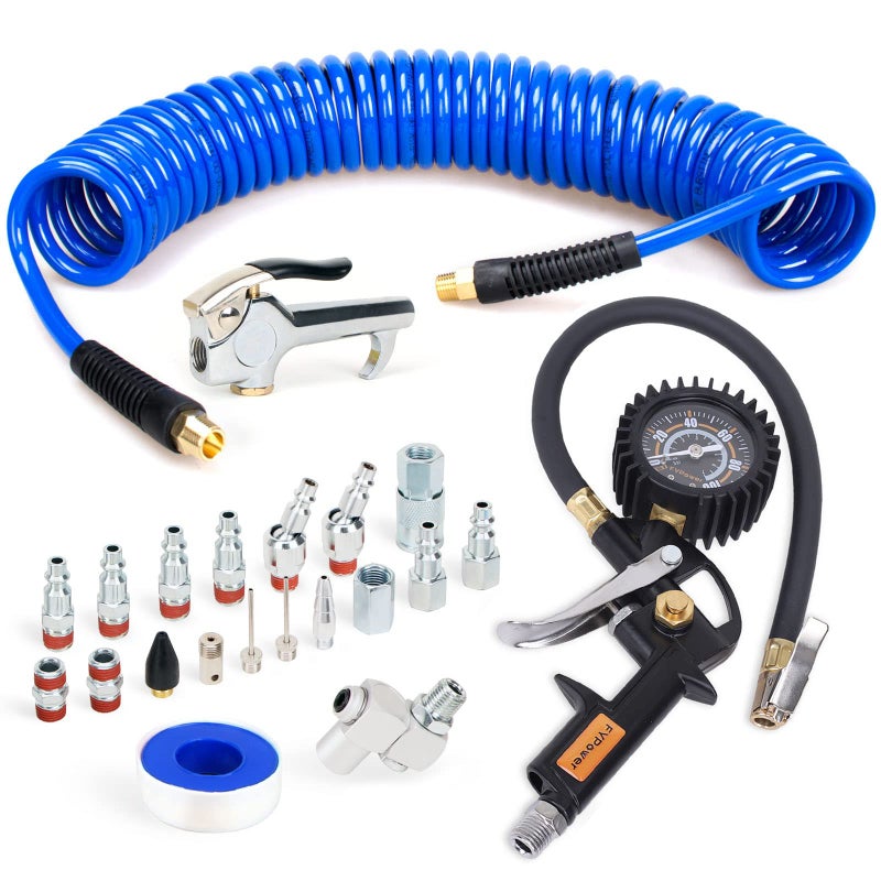 FYPower 22 Pieces Air Compressor Accessories kit, 1/4 inch x 25 ft Recoil Poly Air Compressor Hose Kit, 1/4" NPT Quick Connect Air Fittings, Tire Inflator Gauge, Blow Gun, Swivel Plugs - Image 1